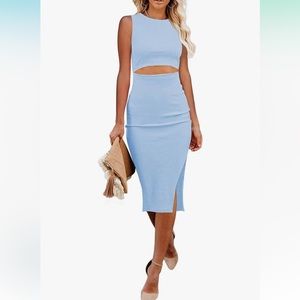 Blue Cutout Side Slit Knee Length Bodycon Midi Dress